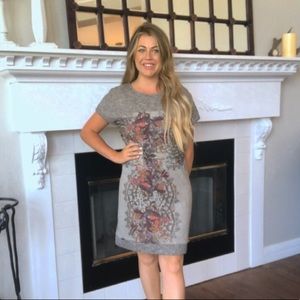 MisMash Gray Floral Print Sweater Dress Sz M